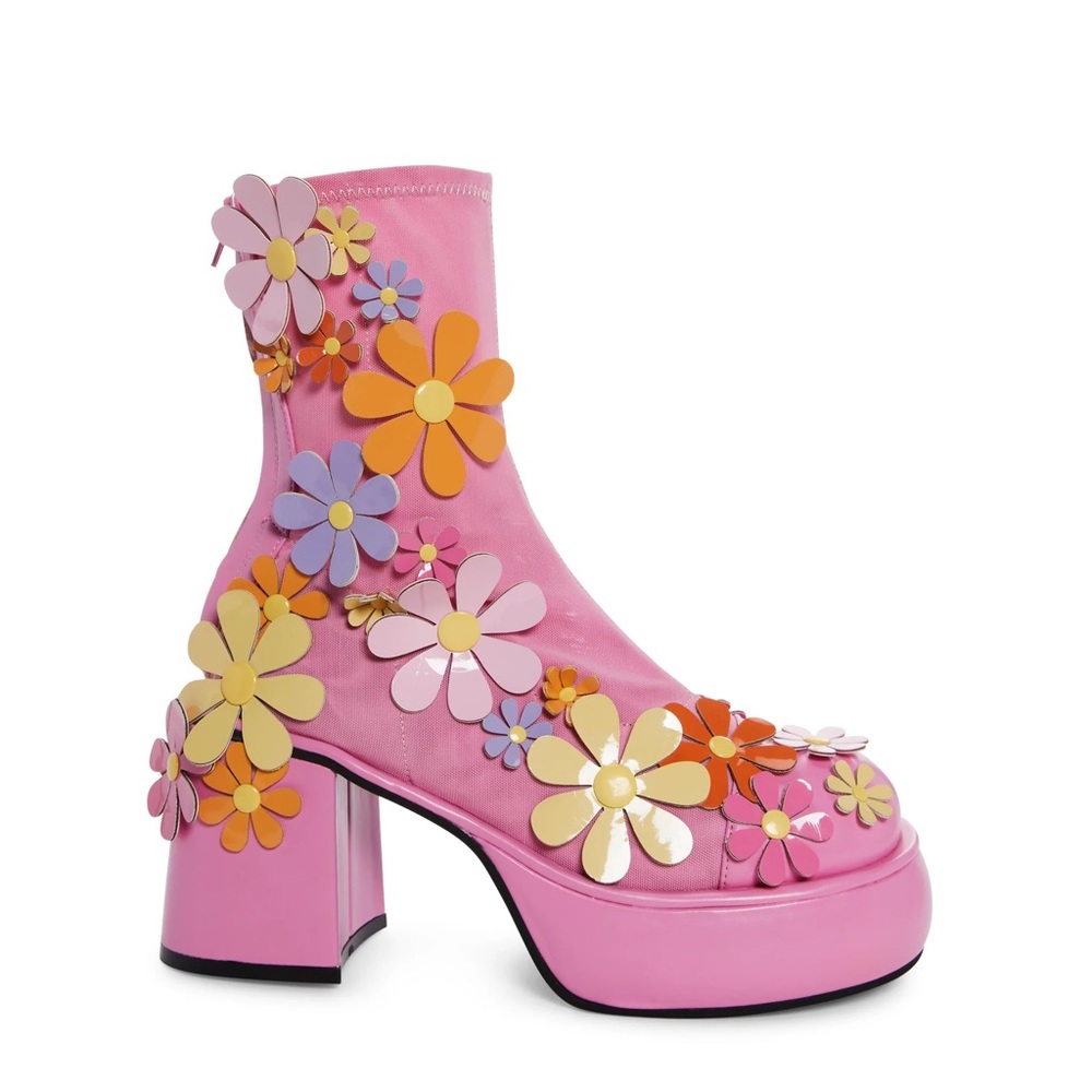 Sugar Thrillz Mesh Daisy Floral Platform Boots - Pink